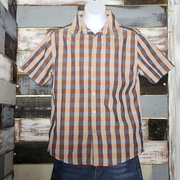 Gray, Navy Blue & Orange Short Sleeve Button Bottom Boys Size Large - Picture 1 of 3
